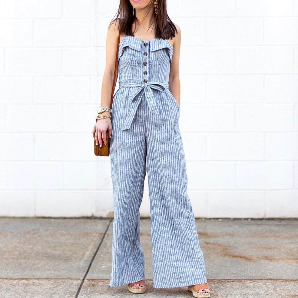 American Eagle blue striped jumpsuit